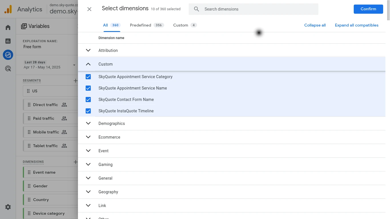 Example Select Dimensions Page